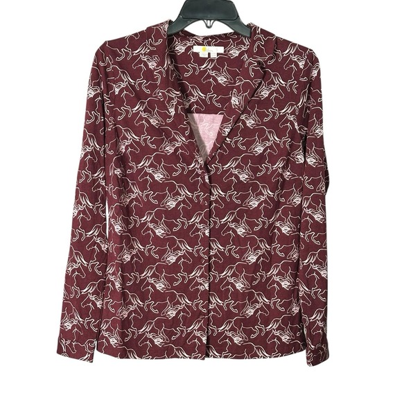 Boden Blouse Button Shirt Long Sleeve Horses Maroon Sz 10 Equestrian Top #DD3-5 - Picture 1 of 10